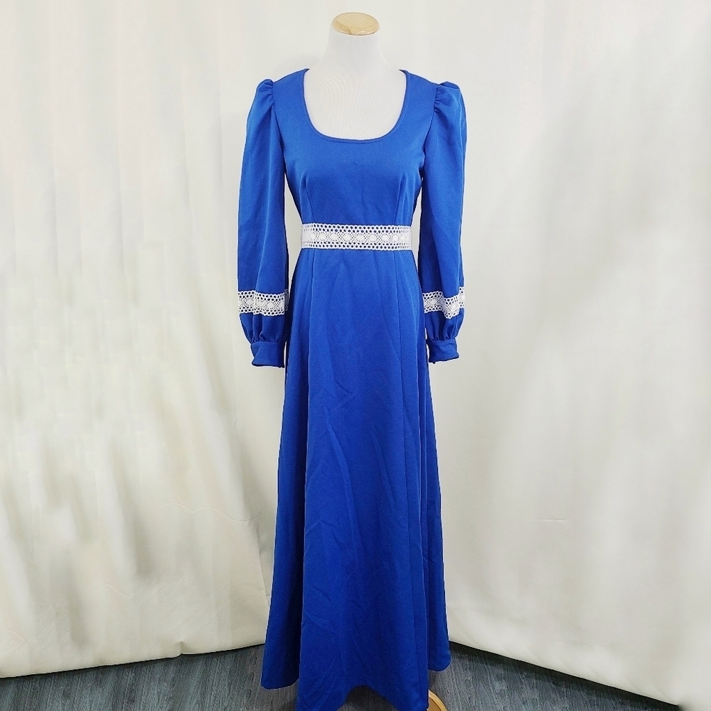 Vintage 70s Royal Blue White Lace Maxi Dress Empire Waist - Picture 2 of 6